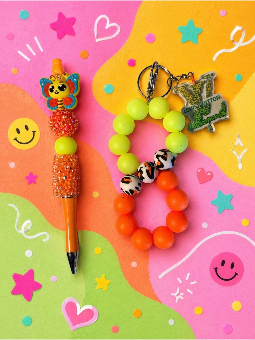 Handmade Neon Orange & Lime Beaded Keychain Set with Butterfly Pen
